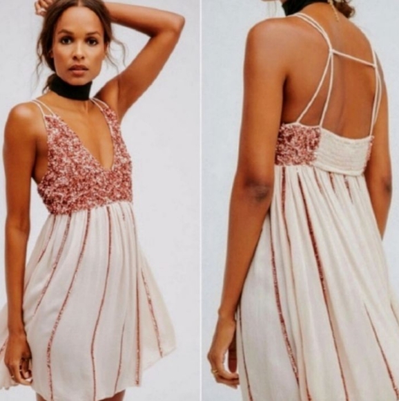 Free People Glitter Girl Sequin Rose Gold Embellished Mini Dress Medium - Picture 2 of 16